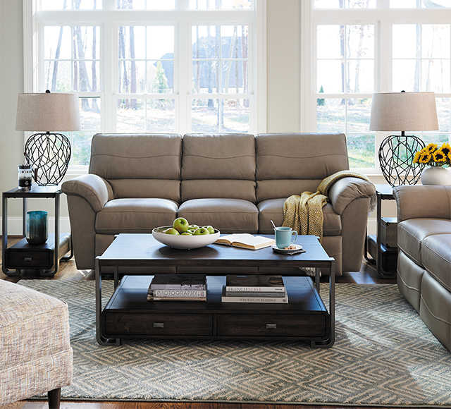 Living room scene with Meyer Sofa and Gypsy Ottoman with custom leather covers