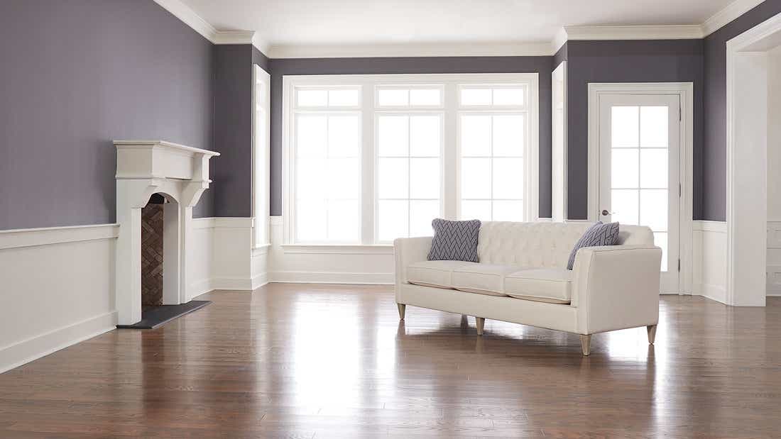 Kirsten's Design Dash room with just her sofa