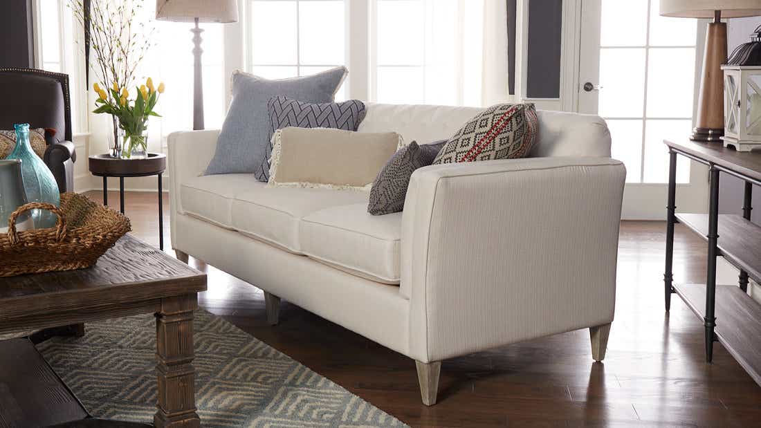 Editoral shot of Kirsten's sofa in her completed Design Dash room
