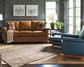 Living room with McKinney Sofa, Logan Square Ottomans and Chandler High Leg Reclining Chair