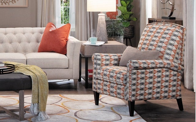 Living room with Alexandria Sofa, Logan Circle Ottomans and Chandler High Leg Reclining Chair