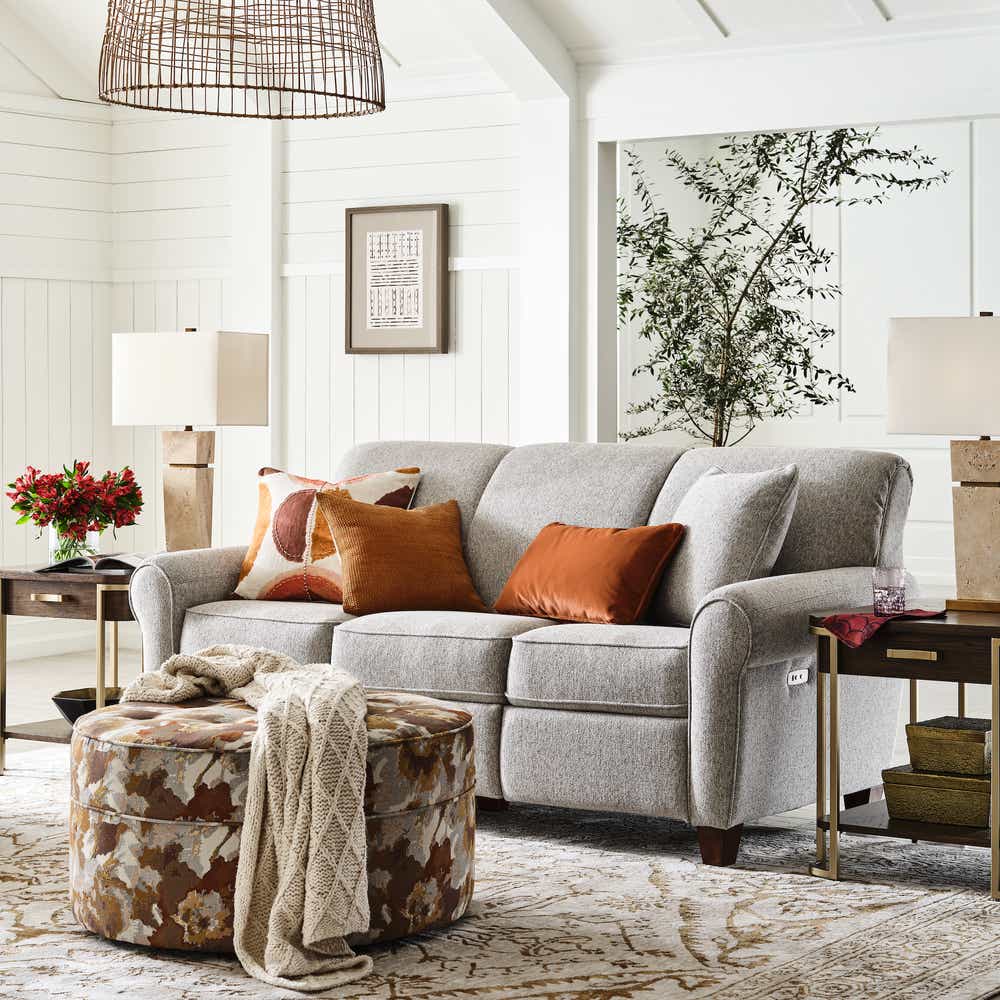 Bassett Magnificent Motion M000-72ML Customizable Power Reclining Sofa with  Panel Arms and Turned Feet | Furniture Mart Colorado | Reclining Sofas, image size:1000x1000